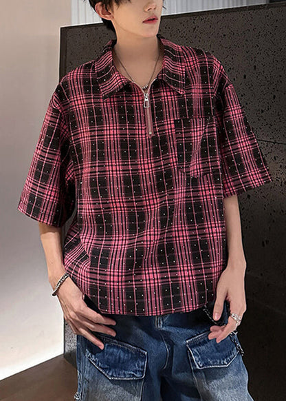 Handmade Red Plaid Zippered Zircon Cotton Shirts Half Sleeve