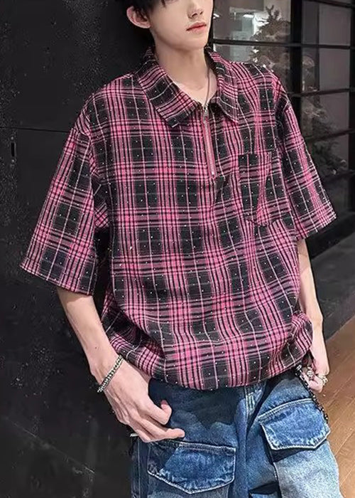 Handmade Red Plaid Zippered Zircon Cotton Shirts Half Sleeve