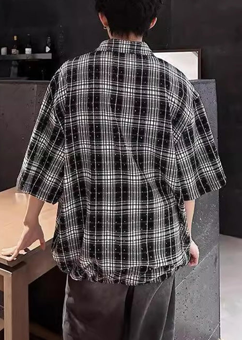 Handmade Red Plaid Zippered Zircon Cotton Shirts Half Sleeve