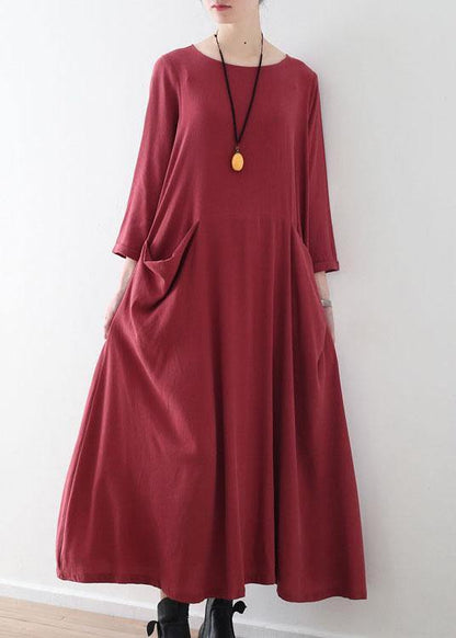 Handmade Red Pockets Long Sleeve Loose Dress Fall