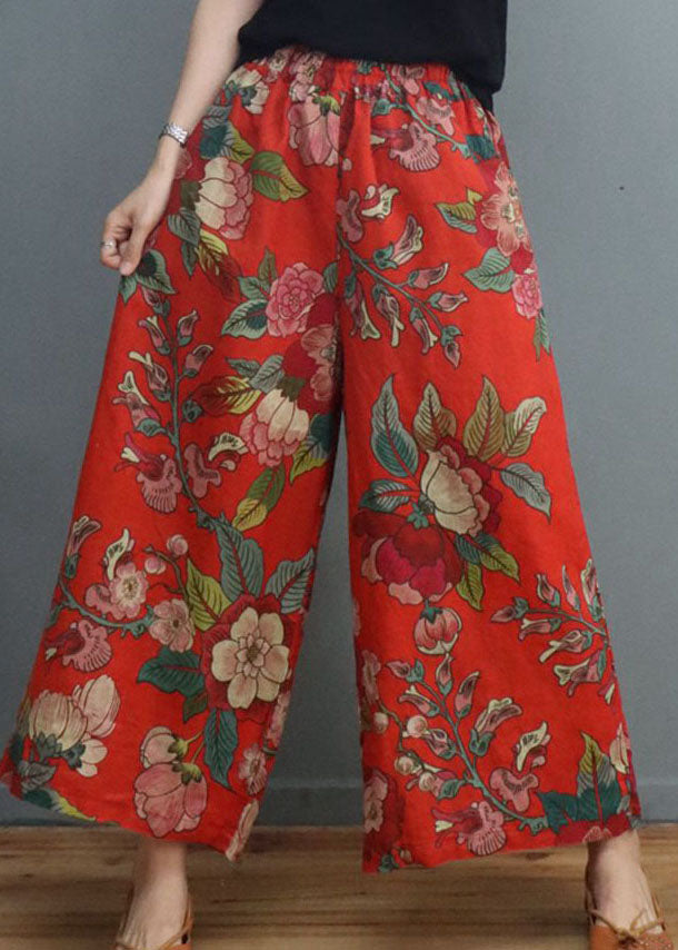 Handmade Red Print Linen Wide Leg Pants Spring