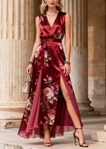 Handmade Red Print Side Open Lace Up Silk Dress Summer