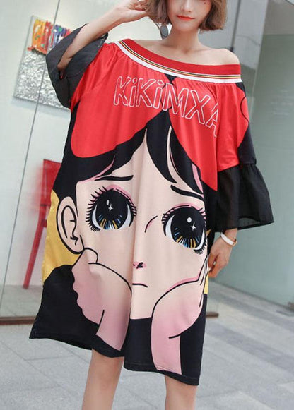 Handmade Red Slash Neck Flare Sleeve Summer Holiday Dress