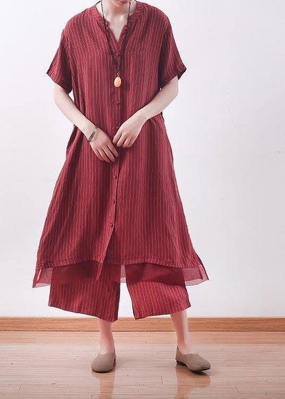 Handmade Red Striped Silk Patchwork 2 Piece Outfit Summer
