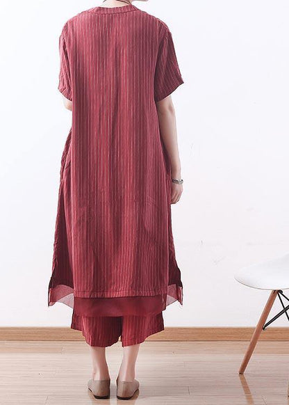 Handmade Red Striped Silk Patchwork 2 Piece Outfit Summer