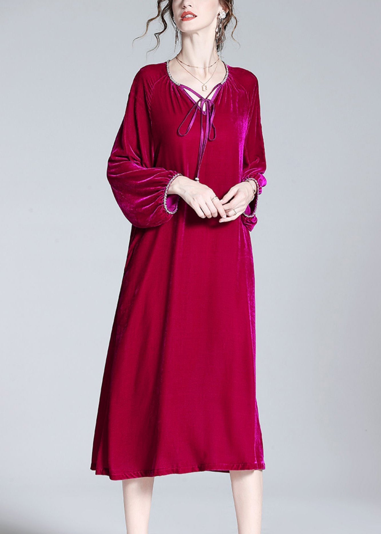 Handmade Red V Neck Neck Tie Velour Maxi Dress Spring