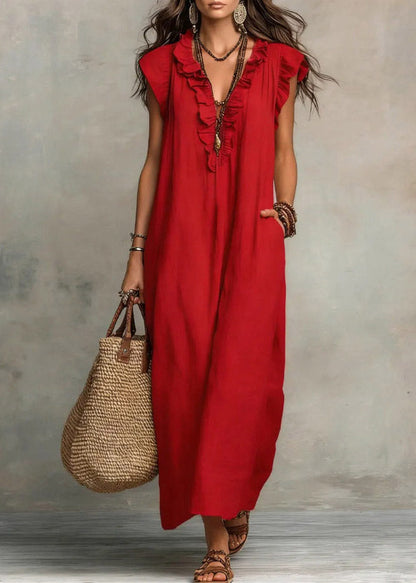 Handmade Red V Neck Ruffled Patchwork Maxi Dresses Summe