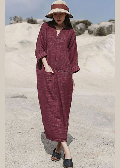 Handmade Red V Neck Side Open Cotton Dresses Spring