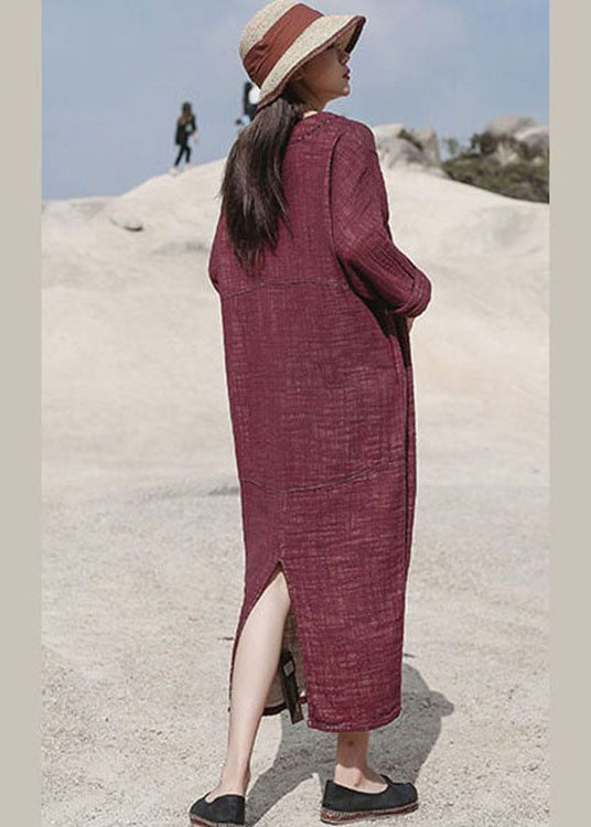 Handmade Red V Neck Side Open Cotton Dresses Spring