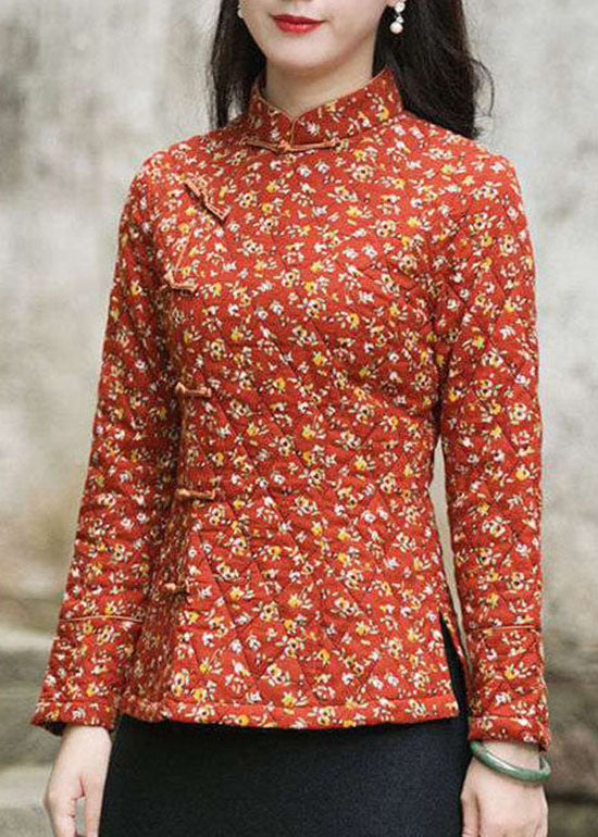 Handmade Red Side Open Stand Collar Button Print Fine Cotton Filled Tops Winter