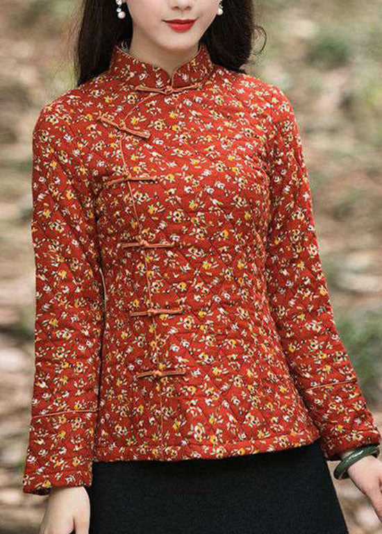 Handmade Red Side Open Stand Collar Button Print Fine Cotton Filled Tops Winter