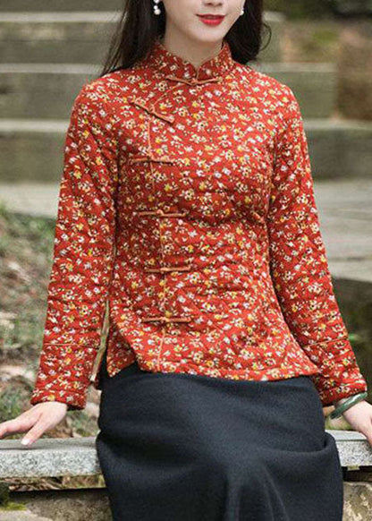 Handmade Red Side Open Stand Collar Button Print Fine Cotton Filled Tops Winter