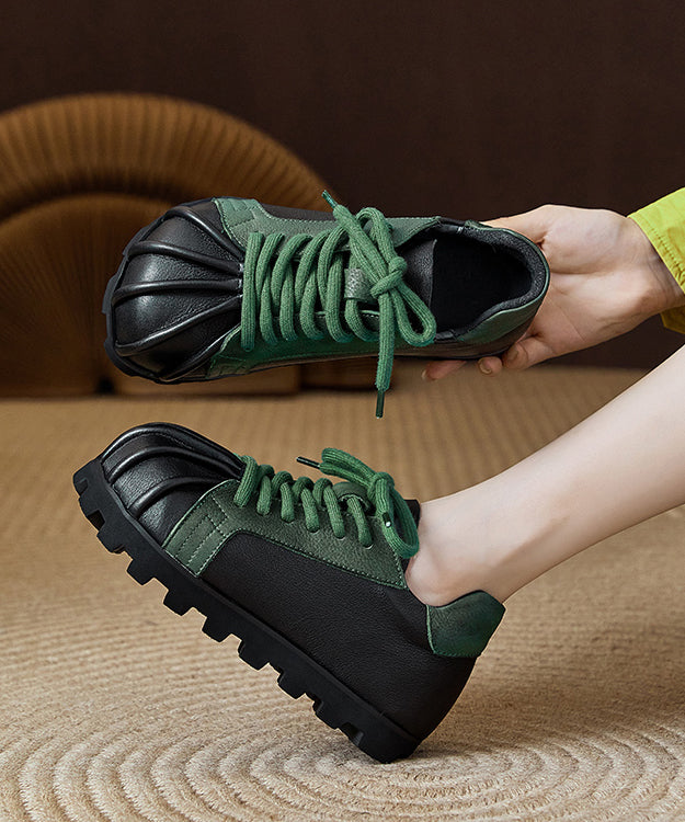 Handmade Retro Black Cowhide Leather Flat Shoes Splicing Lace Up