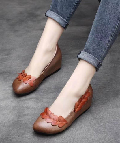 Handmade Retro Brown Wedge Heels Cowhide Leather Splicing