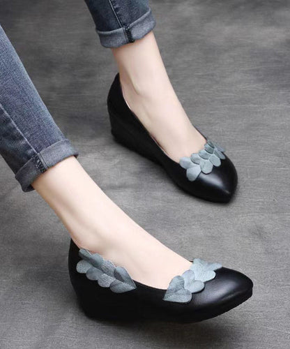 Handmade Retro Brown Wedge Heels Cowhide Leather Splicing