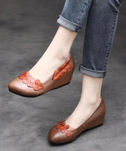 Handmade Retro Brown Wedge Heels Cowhide Leather Splicing