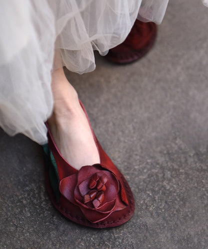 Handmade Retro Red Cowhide Leather Splicing Flat Shoes