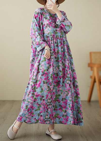 Handmade Rose O-neck Print Wrinkled Long Dresses Spring