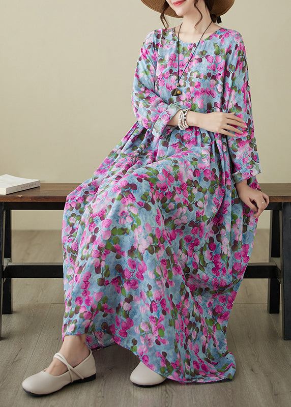 Handmade Rose O-neck Print Wrinkled Long Dresses Spring