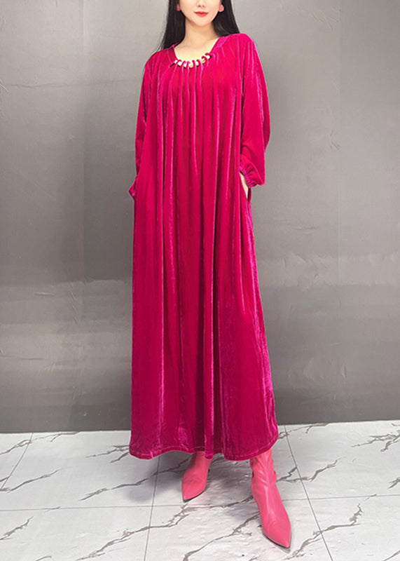 Handmade Rose O-neck Wrinkled Velour Maxi Dresses Spring