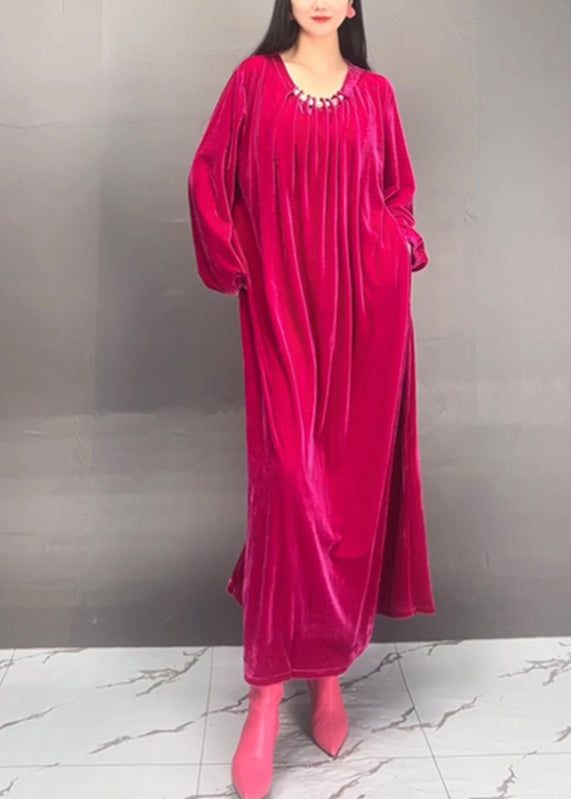 Handmade Rose O-neck Wrinkled Velour Maxi Dresses Spring