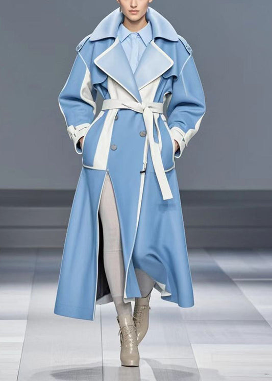 Handmade Royal Blue Side Open Patchwork Pu Woolen Trench Fall