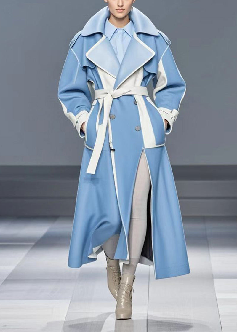 Handmade Royal Blue Side Open Patchwork Pu Woolen Trench Fall