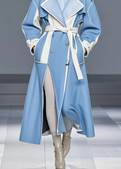 Handmade Royal Blue Side Open Patchwork Pu Woolen Trench Fall