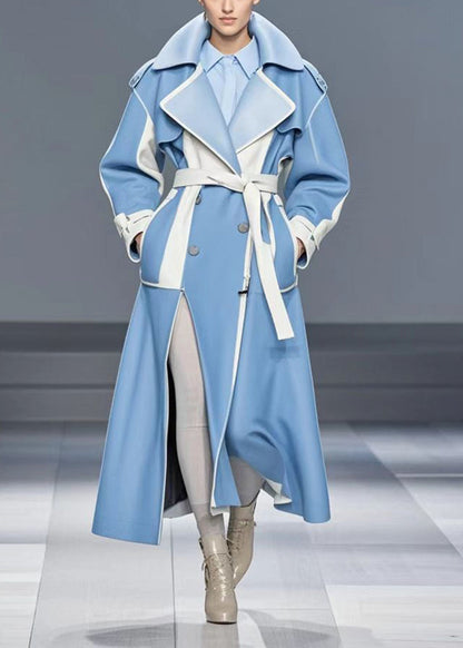 Handmade Royal Blue Side Open Patchwork Pu Woolen Trench Fall
