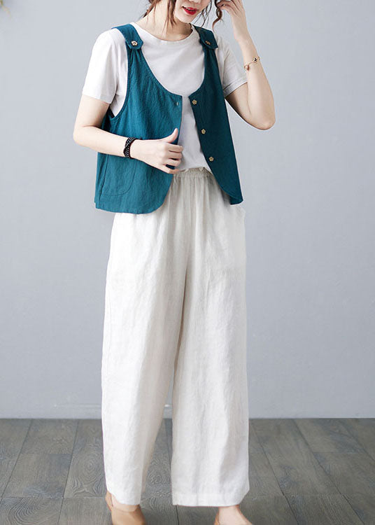 Handmade Sky Blue Button Pockets Color Linen Vests Sleeveless