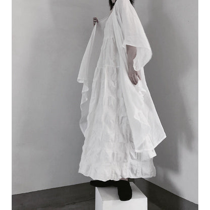 Handmade Spaghetti Strap Wrinkled Dresses Fabrics White Art Dress