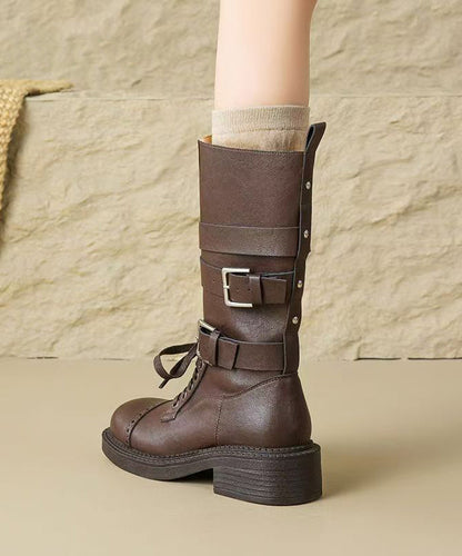 Handmade Splicing Chunky Boots Brown Faux Leather