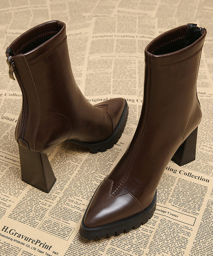 Handmade Splicing Chunky Heels Boots Brown Cowhide Leather