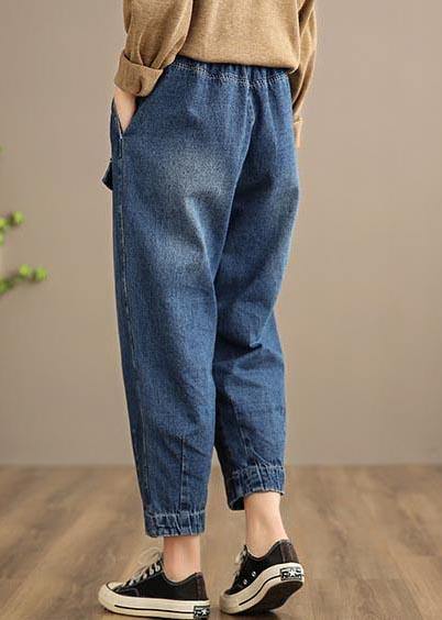 Handmade Spring Pants Oversize Denim Blue-little Flower Photography Elastic Waist Trousers