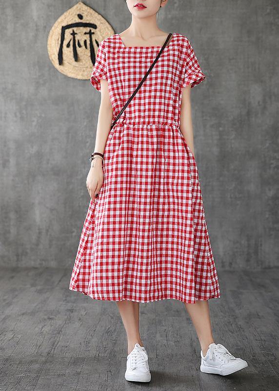 Handmade Square Collar Patchwork Cotton Linen Clothes for Shape Red Plaid Dress Summer