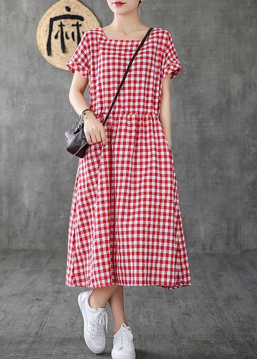 Handmade Square Collar Patchwork Cotton Linen Clothes for Shape Red Plaid Dress Summer