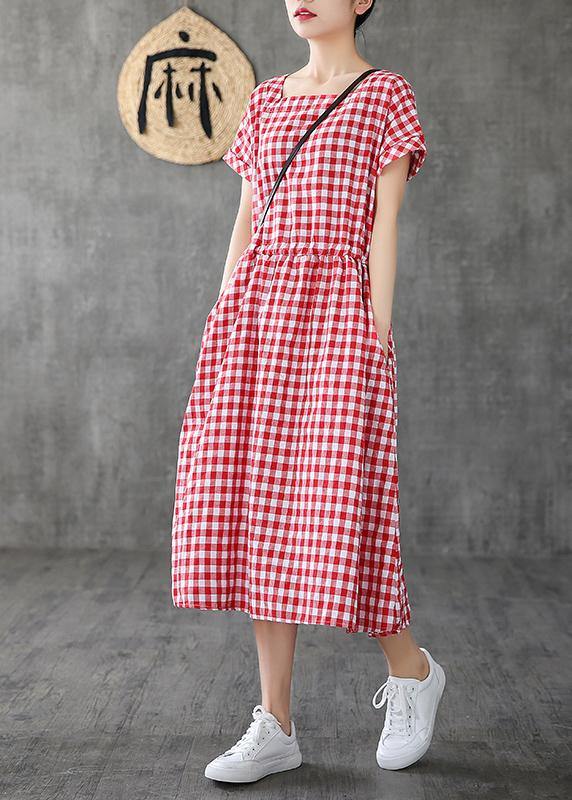Handmade Square Collar Patchwork Cotton Linen Clothes for Shape Red Plaid Dress Summer