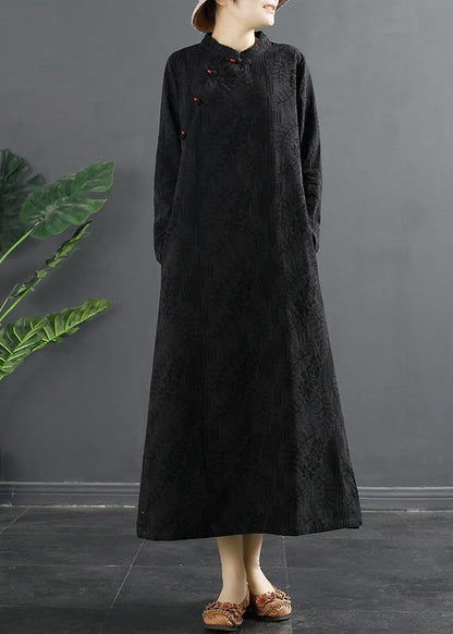 Handmade Stand Collar Quilting Dresses Shape Black Jacquard Traveling Dress