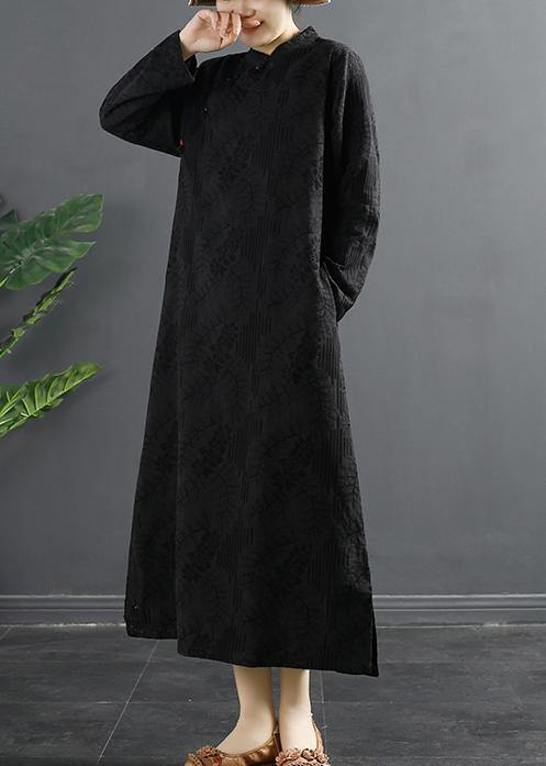 Handmade Stand Collar Quilting Dresses Shape Black Jacquard Traveling Dress