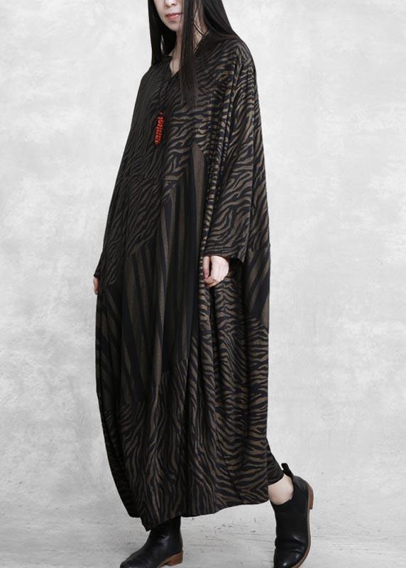 Handmade V Neck Asymmetric Spring Clothes Work Chocolate Striped Robe Dress