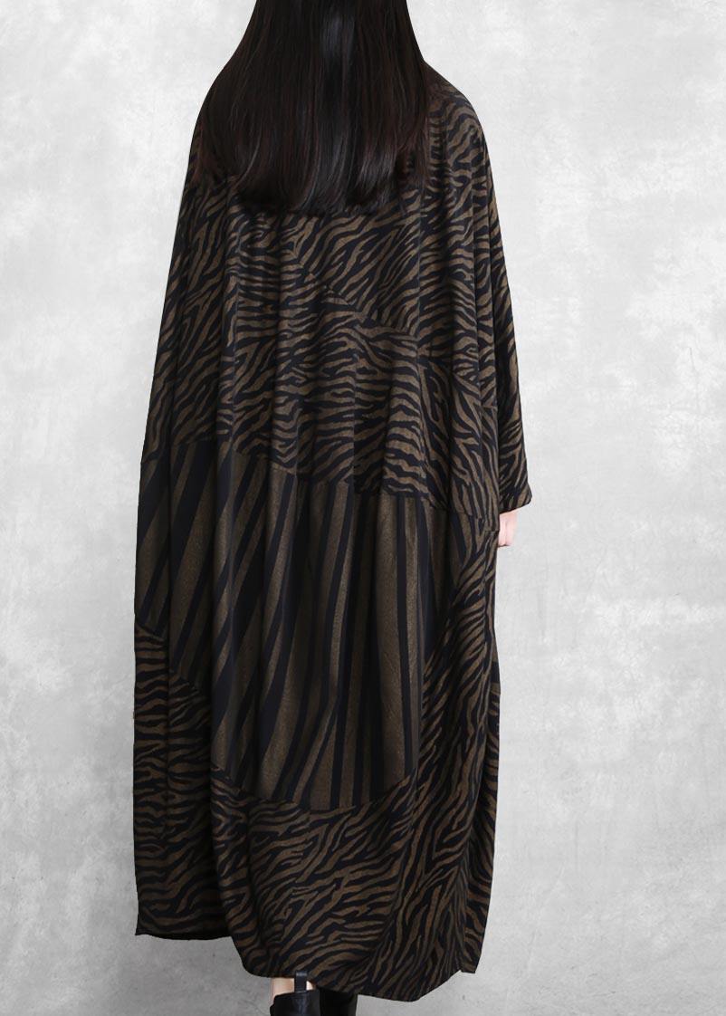 Handmade V Neck Asymmetric Spring Clothes Work Chocolate Striped Robe Dress
