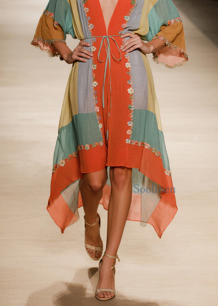 Handmade V Neck Asymmetrical Design Cotton Dress Summer