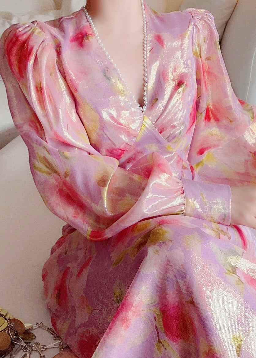 Handmade V Neck Print Nail Bead Silk Maxi Dresses Lantern Sleeve