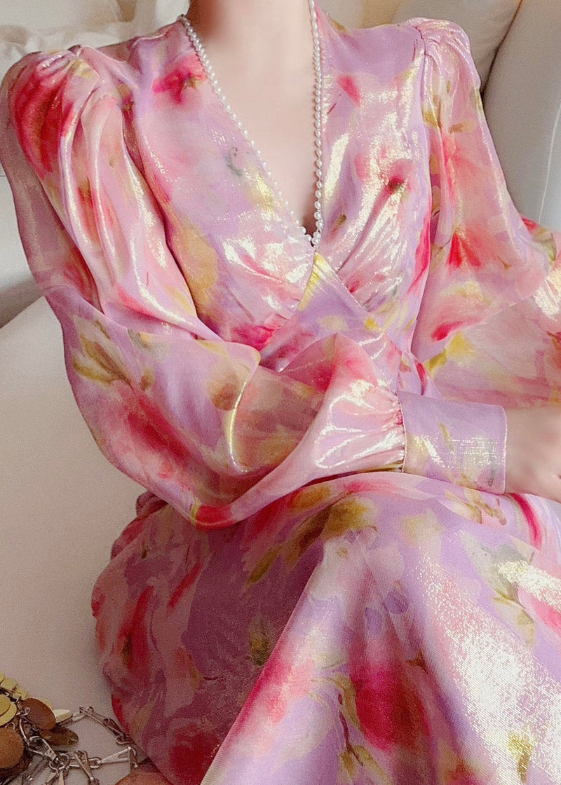 Handmade V Neck Print Nail Bead Silk Maxi Dresses Lantern Sleeve