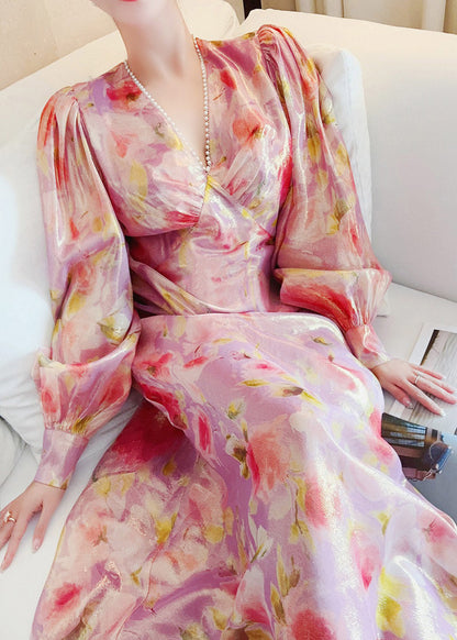 Handmade V Neck Print Nail Bead Silk Maxi Dresses Lantern Sleeve