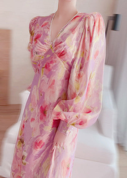 Handmade V Neck Print Nail Bead Silk Maxi Dresses Lantern Sleeve