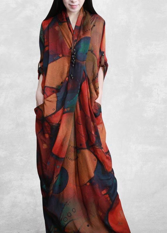 Handmade V Neck Spring Clothes Tutorials Print Robes Dress