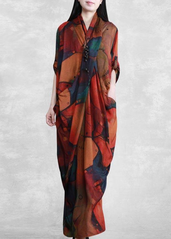 Handmade V Neck Spring Clothes Tutorials Print Robes Dress