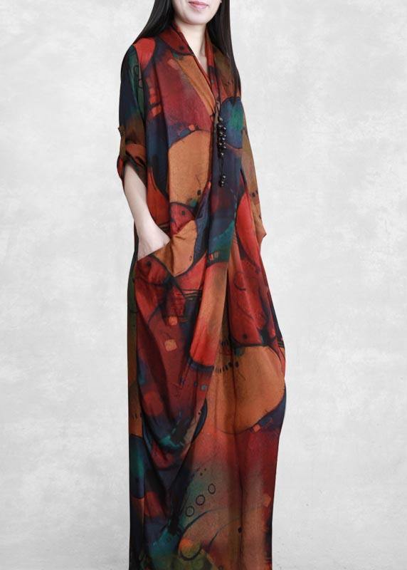 Handmade V Neck Spring Clothes Tutorials Print Robes Dress