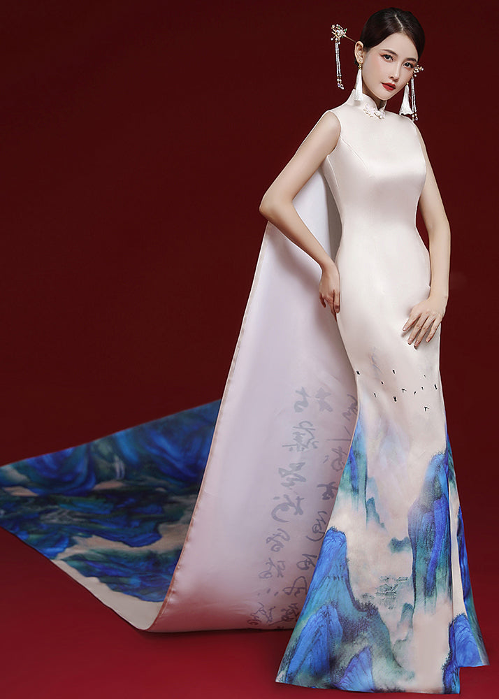 Handmade Beige Print Cape Patchwork Silk Dresses Sleeveless